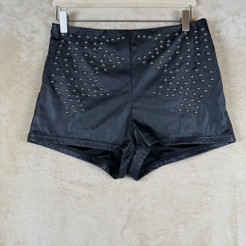 SHEIN Black Faux Leather Studded Shorts Women's Size L Edgy Rocker Punk Goth
